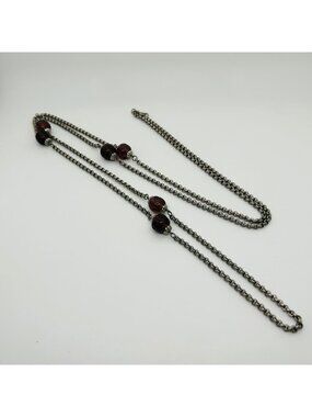 Vintage Long Silver Tone Chain Necklace Plum Purple Glass Bead Flapper Opera Sty